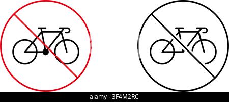 Bicycle Prohibited Sign Line Icon Set. No Cycling Zone, Restricted Area, And Traffic Regulation Outline Symbol Collection. Safety And Compliance Stock Vector