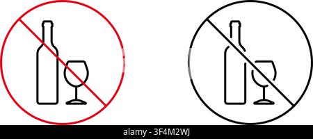 No Alcohol Allowed Line Icon Set. Prohibition Of Alcohol Consumption And Beverage Restriction Outline Symbol Collection. Editable Stroke. Isolated Stock Vector