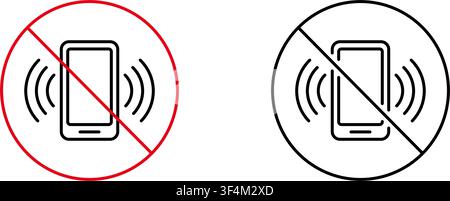 Mobile Phone Silent Mode Line Icon Set. No Ringing, Vibration Alert, And Quiet Environment Outline Symbol Collection. Communication Etiquette Stock Vector