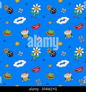 Cartoon pattern with groovy characters, comic faces and funky eyes on blue background. Comic pattern with abstract character doodles for fabric and Stock Vector
