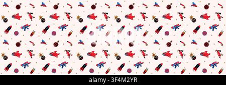 Pattern groovy sticker with planes, rockets and bombs Stock Vector