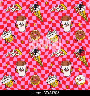 Vector groovy comic with pizza, coffee and donuts Stock Vector