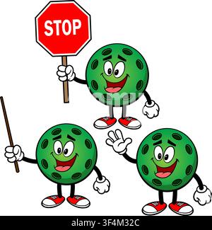 Pickleball Mascot Set, Hand Drawn illustrations of Pickleball Mascots in various poses. Stock Vector