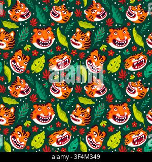 Asian seamless pattern with smiling tiger faces on green background. Cartoon tiger illustration with tropical leaves for fabric and wrapping paper Stock Vector