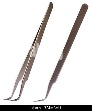 curved stainless steel tweezers isolated white background, metal precision hand tools for gems and crafts, side view Stock Photo