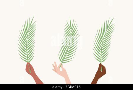 Hands with different skin tones holding palm branches up, flat vector illustration Stock Vector