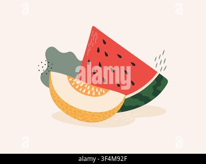 Watermelon slice and melon slice on a beige background, simple vector illustration in flat style Stock Vector