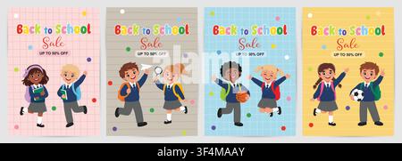 Back-to-School Flyers with Pupils in Uniform. Vector illustration in cartoon flat style. Stock Vector