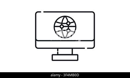 Desktop computer with network connection symbol on screen vector icon. Black line art style on white background. Computer networking, global internet, Stock Vector