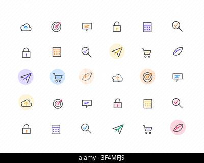 Modern vector icon set with varied thematic outline symbols arranged in a clean grid Stock Vector