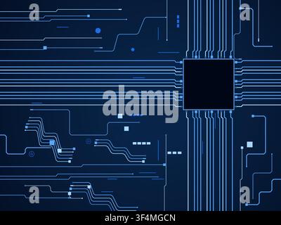 Vector PCB layout background with routed traces, circular vias, parallel buses, and a central processor pad Stock Vector