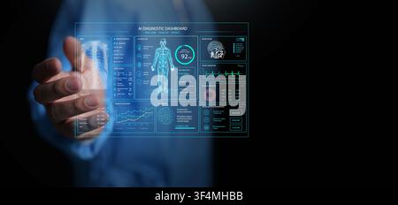Doctor interacting with a futuristic AI diagnostic dashboard displaying holographic medical analytics, patient health monitoring, radiology, laborator Stock Photo