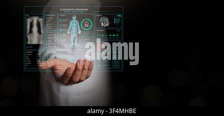 Futuristic AI diagnostic dashboard above doctor hand on dark copy space. Patient analytics, medical imaging, laboratory data, vital signs, and artific Stock Photo