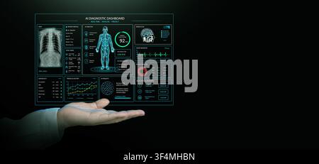 Futuristic AI medical dashboard with patient health analytics on dark copy space. Diagnostic imaging, vital signs, laboratory data, predictive clinica Stock Photo
