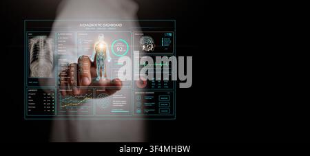 AI powered medical diagnostic dashboard displaying patient health analytics, medical imaging, vital signs, laboratory results, and predictive clinical Stock Photo