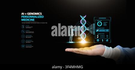 Doctor hand holding DNA strand and genomic data interface on dark copy space. Artificial intelligence and genomics for personalized medicine, targeted Stock Photo