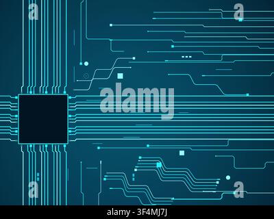 Vector PCB layout background with routed traces, circular vias, parallel buses, and a central processor pad Stock Vector