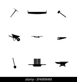 Collection of flat black construction and masonry tools icons isolated on white background. Includes pickaxe, hand saw, mallet, wheelbarrow, shovel, b Stock Vector