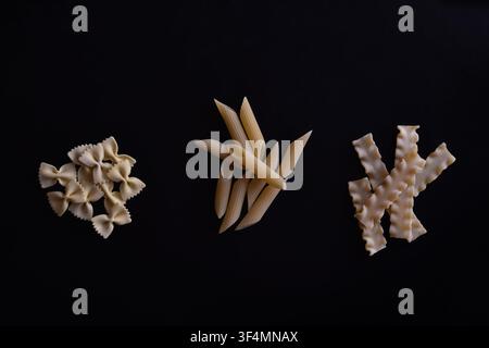 Different types of pasta: farfalle (butterflies), penne and ricciutelli on black background Stock Photo