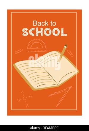 Open notebook with pencil. Back to school poster. Clean educational design. Vector illustration for poster, student planner Stock Vector