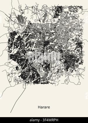 High-contrast, minimalist urban road map of Harare, capturing the dense hub-and-spoke street patterns, expansive suburbs, Stock Vector