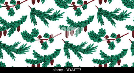 Seamless Pattern with Evergreen Branches and Pine Cones, Hand Drawn Christmas Botanical Print for Fabric, Wrapping Paper and Holiday Decor. Vector ill Stock Vector