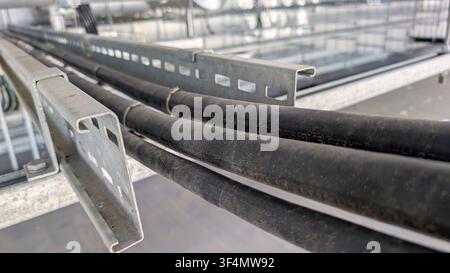 Close-up of heavy-duty electrical power cables installed in a galvanized steel cable tray within an industrial electrical installation, showing cable Stock Photo