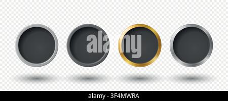 Vector 3d Round Metallic Frame Set. Circle Border, Blank Black Clock Face, Coin, Medal, Badge and Button Frame in Silver Gold Gray Chrome Style Stock Vector