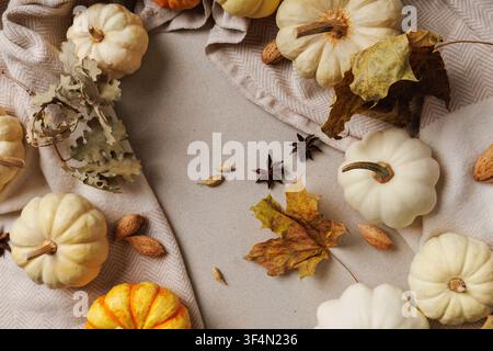 Autumn flatlay with pumpkins, almonds and dry leaves.. Stock Photo