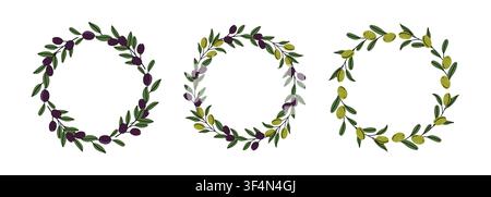 Set of three circular wreath frames crafted from green and black olive branches with leaves isolated on white background for olive oil branding and we Stock Vector