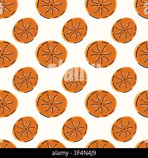 Cute autumn seamless vector pattern featuring round orange persimmon cross section slices with seed star details on clean white background for kitchen Stock Vector