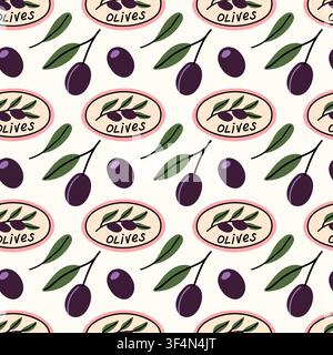 Cute vector seamless pattern of dark purple black olives, branches with green leaves, and oval olive logo emblems on clean cream background for food p Stock Vector