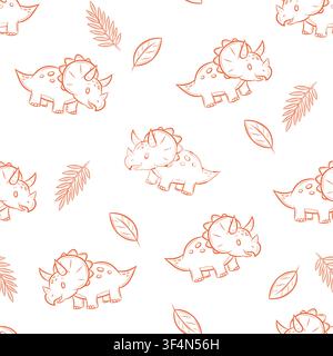 Seamless vector pattern featuring Triceratops dinosaurs and leaves Stock Vector