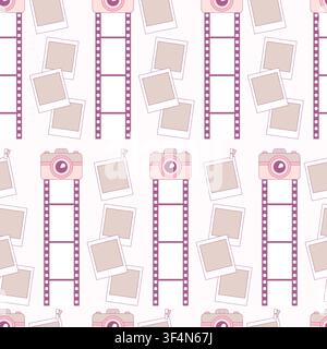 Seamless Pattern With Cute Vintage Camera, Instant Photo Frames And Film Strip On White Background. Vector Illustration. Pastel Pink Retro Photography Stock Vector