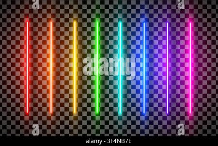 Realistic rainbow led neon vertical bulb tube light pack isolated. Lazer effect straight lines. Laser beam fluorescent LED halogen diode. Vector illus Stock Vector
