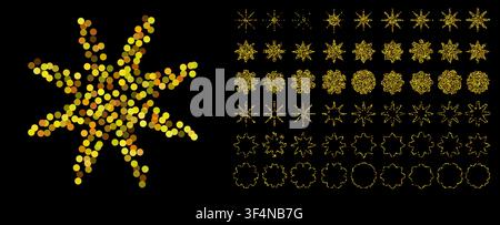 Set of gold confetti stars icons. Star glitter shapes collection. Shiny simple stars pack. Christmas star objects isolated on black background. Vector Stock Vector