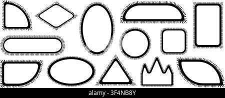 Pack of scalloped black postage frames isolated. Outline border template. Simple minimalist label text box. Blank scallop edge stamp mockup. Vector pn Stock Vector