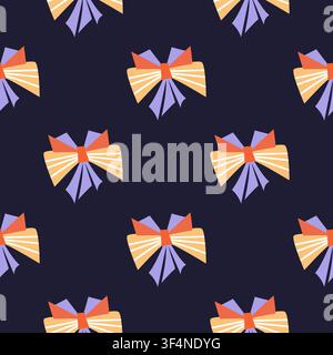 Vector seamless pattern with colorful geometric bows on dark blue background. Festive pattern for gift wrapping, holiday decor, textile, and paper. Stock Vector
