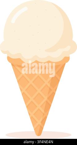 A classic vanilla soft serve ice cream in a waffle cone vector illustration isolated on a white background. This traditional sweet summer dessert feat Stock Vector