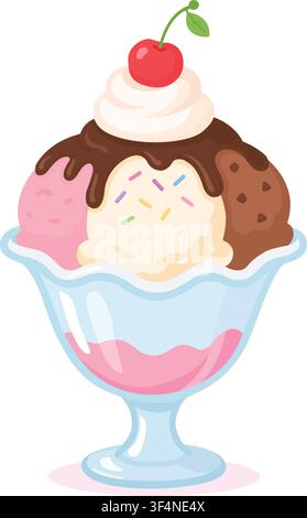 A beautiful sweet ice cream sundae served in an elegant glass cup vector illustration isolated on a white background. This festive dessert features mu Stock Vector