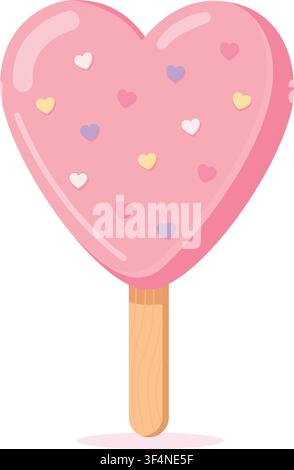 A cute pink heart shaped popsicle ice cream vector illustration isolated on a white background. This sweet summer dessert features a wooden stick and Stock Vector