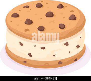 A delicious round ice cream sandwich made with two chocolate chip cookies and a thick vanilla cream layer vector illustration isolated on a white back Stock Vector