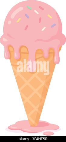 A pink strawberry ice cream scoop in a crispy waffle cone vector illustration isolated on a white background. This delicious summer dessert is decorat Stock Vector