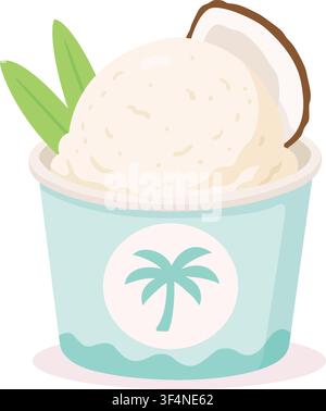 A refreshing white coconut gelato or vanilla ice cream served in a light blue paper cup vector illustration isolated on a white background. The desser Stock Vector
