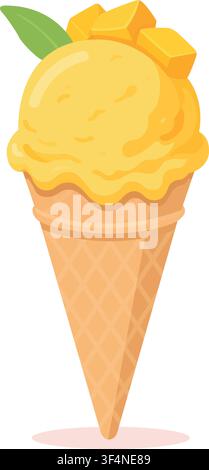 A bright yellow lemon or banana ice cream scoop in a crispy waffle cone vector illustration isolated on a white background. This refreshing summer fro Stock Vector