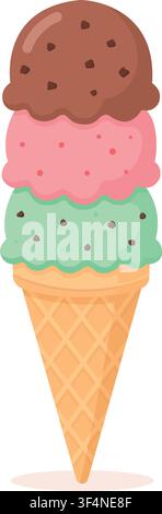 A tall colorful ice cream with three different scoops in a crispy waffle cone vector illustration isolated on a white background. This big summer dess Stock Vector