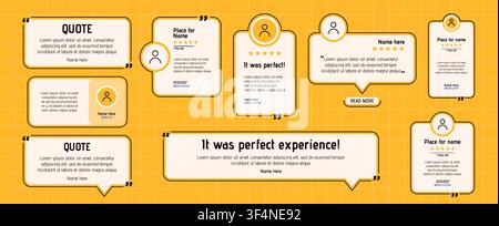 Pack with different shapes Testimony layouts. Cute simple design with five stars rating and text recommendations. Stock Vector