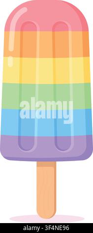 A vibrant rainbow layered popsicle ice cream vector illustration isolated on a white background. This colorful summer dessert features multiple fruit Stock Vector