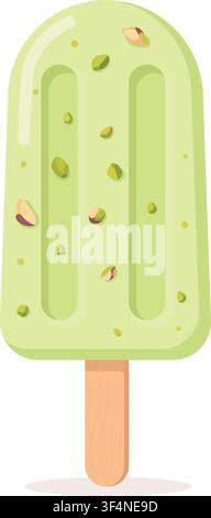 A refreshing green lime or pistachio popsicle ice cream vector illustration isolated on a white background. This summer frozen dessert features small Stock Vector