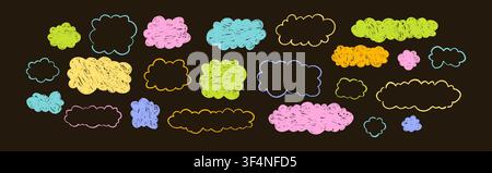 Childish playful fluffy cloud chalk drawing on the blackboard. Colorful cloud pencil scribble. Grunge pastel drawing on the chalkboard. Neon doodle sk Stock Vector